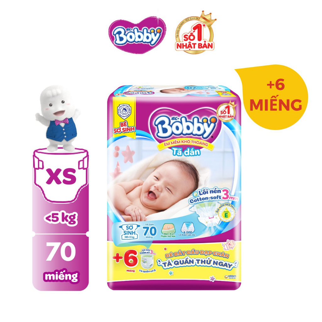 Tã dán sơ sinh bobby xs70/s54 mới- lõi nén cotton-soft 3mm