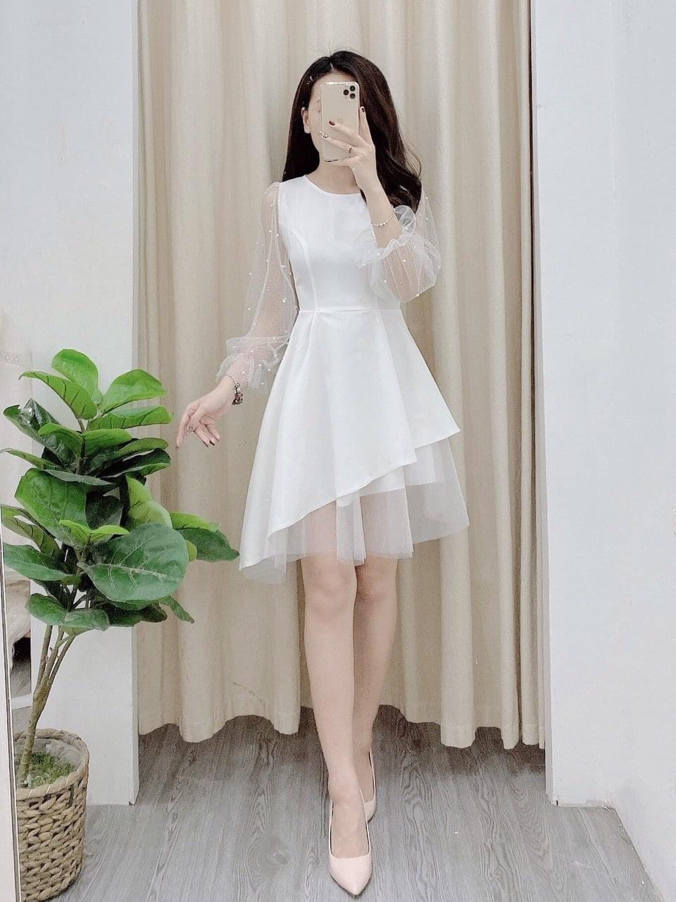 Váy dài xoè phi mờ cổ vuông tay ngắn nơ lưng - Váy thiết kế cao cấp |  Shopee Việt Nam