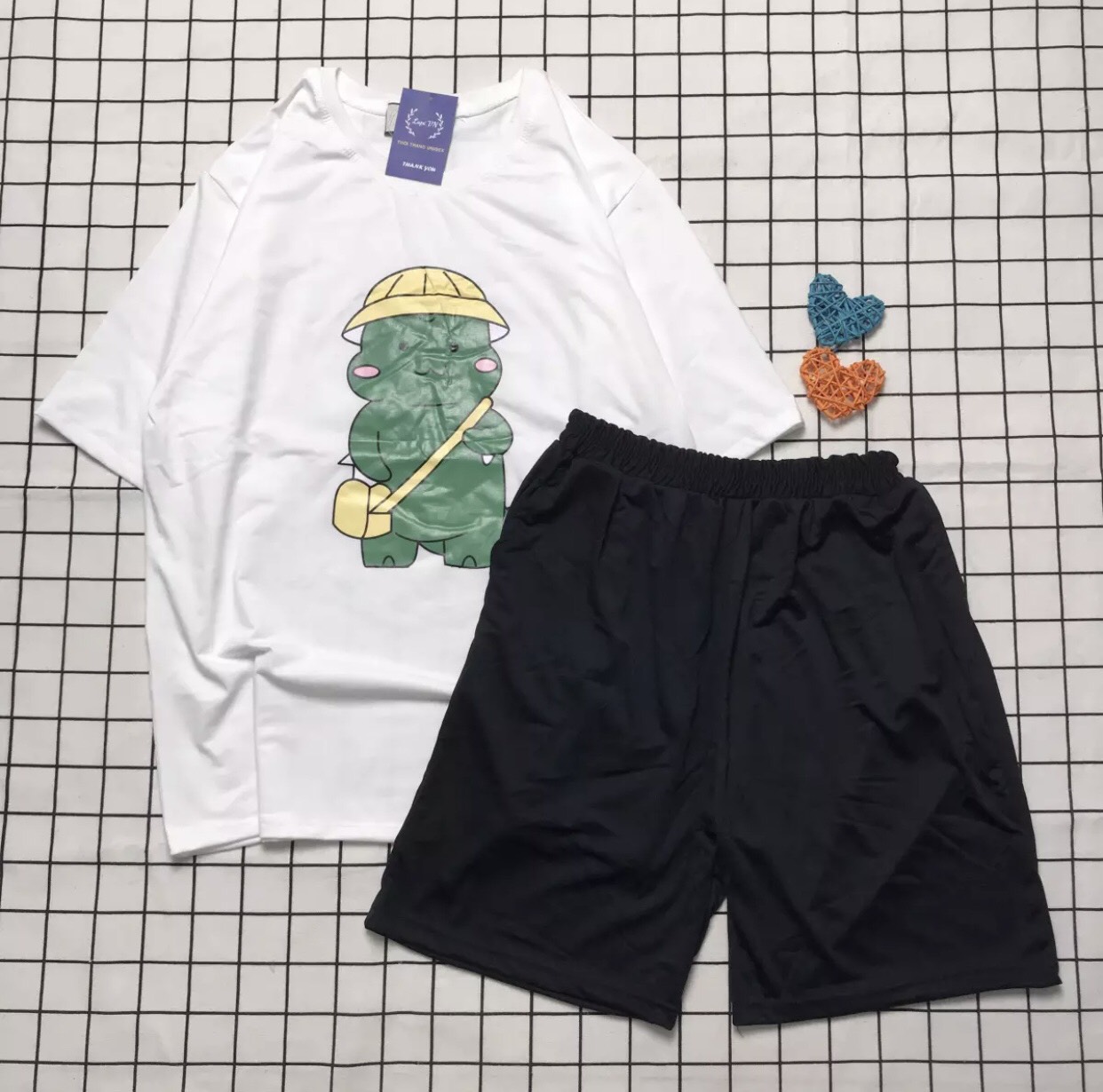 Đồ Bộ Hoạt Hình Coton Khủng Long Đội Nón Đeo Túi Xách Dễ Thương Unisex Sét Carton Đồ Bộ Hot Trend 2021 TTSLB0030