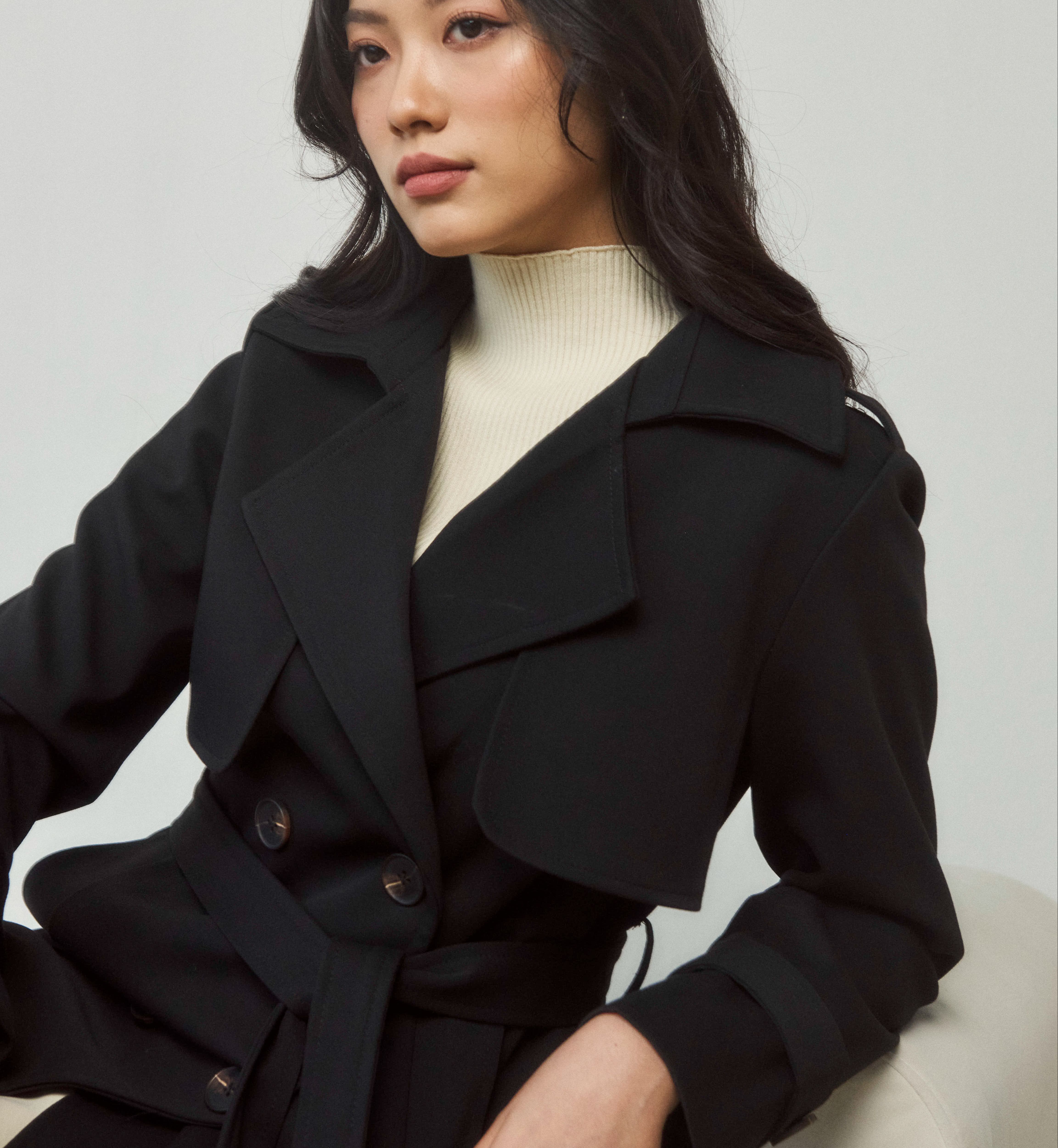 Maiimer - Áo khoác trench coat dáng lửng màu đen