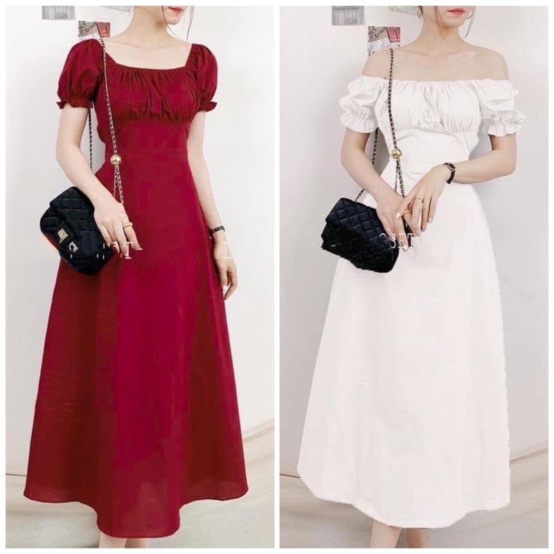 Đầm váy đỏ trễ vai nhúng ngực form dài