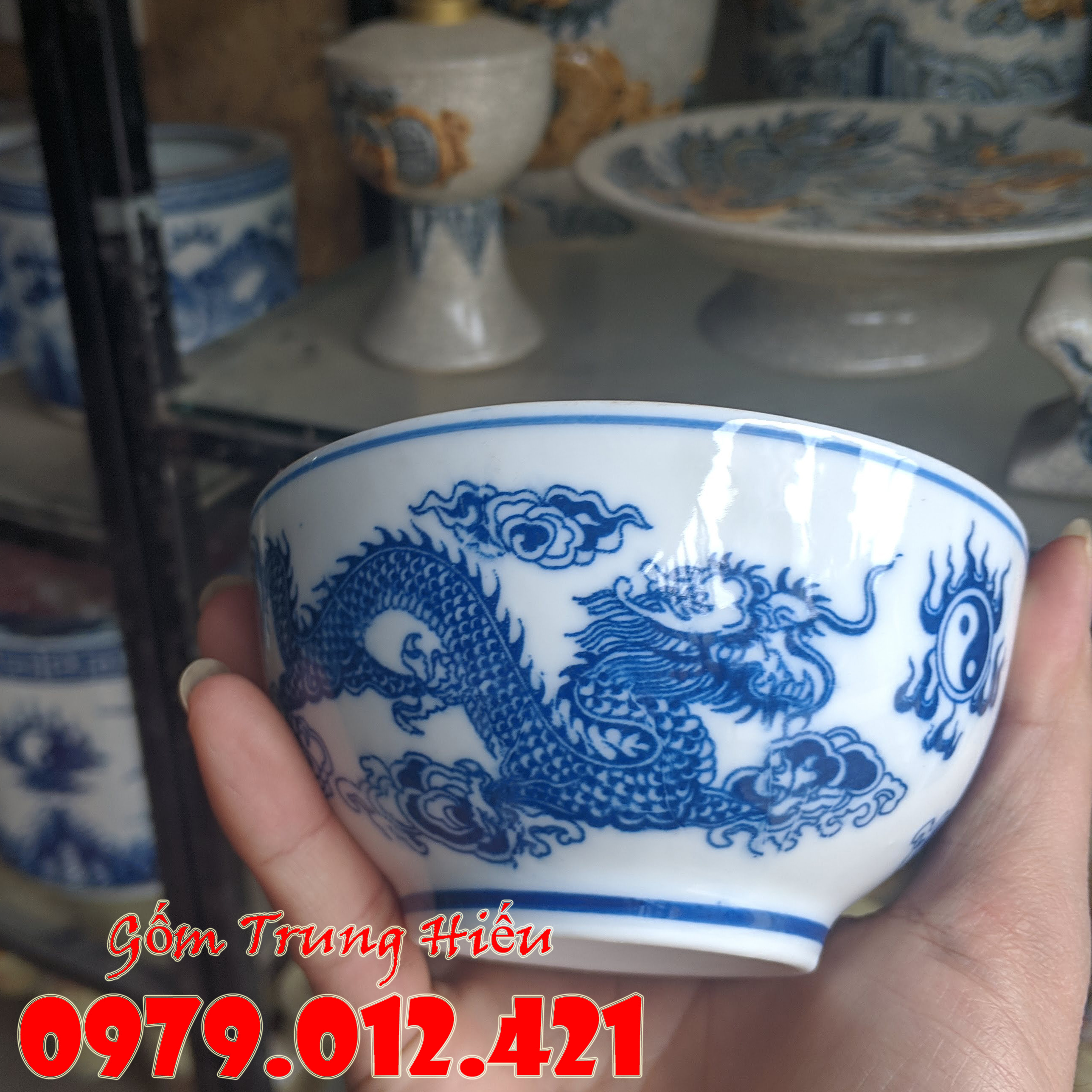 Bộ 10 chiếc Bát thờ rồng phượng Bát Tràng đường kính 11cm