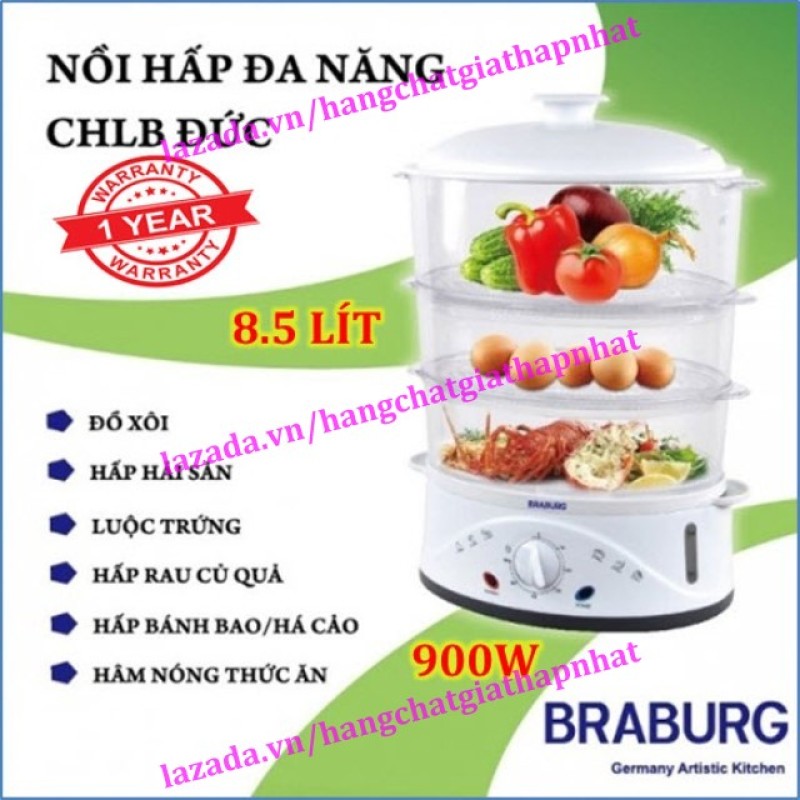(Bảo hành 12 tháng) Nồi hấp điện 3 tầng đa năng 8.5 lít - BRABURG B3L (Công nghệ Đức)