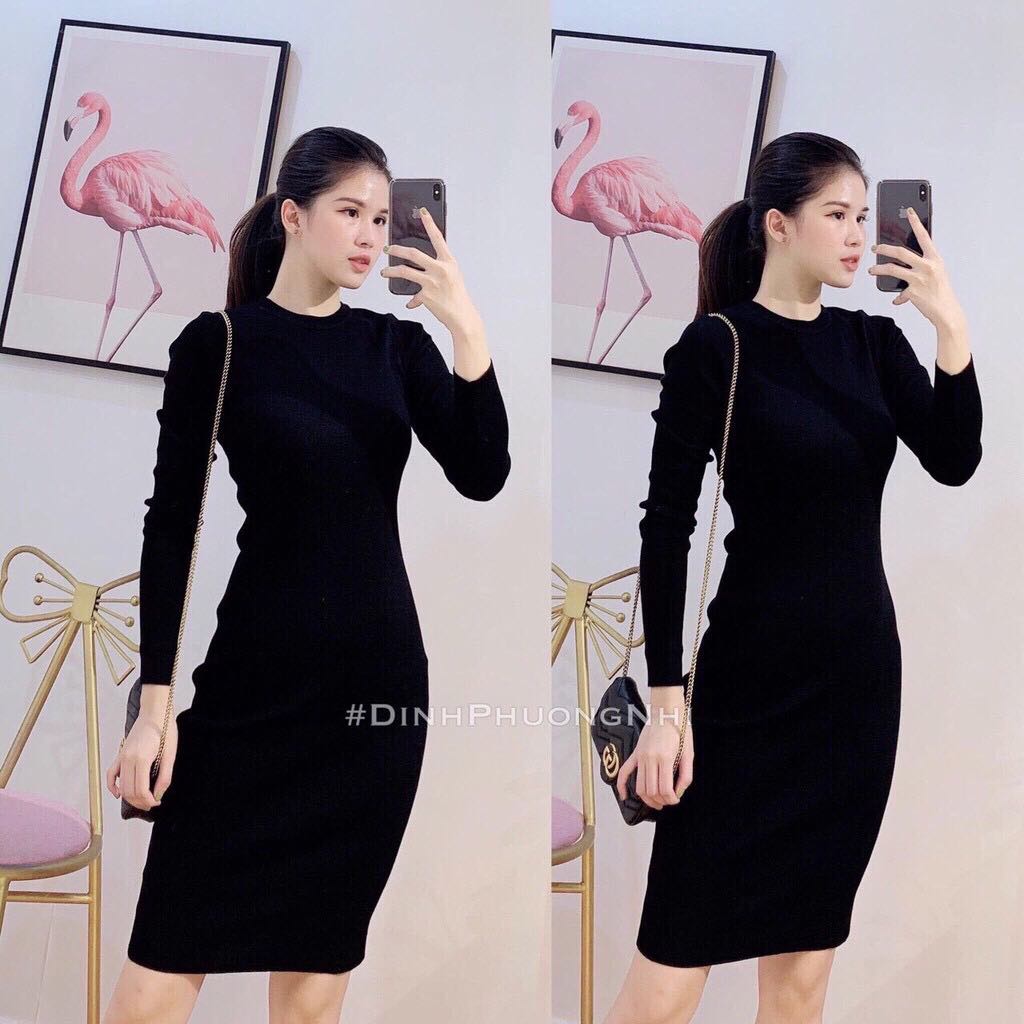váy len body cổ tròn tay dài len dày đanh tôn dáng, huyền trang 1995