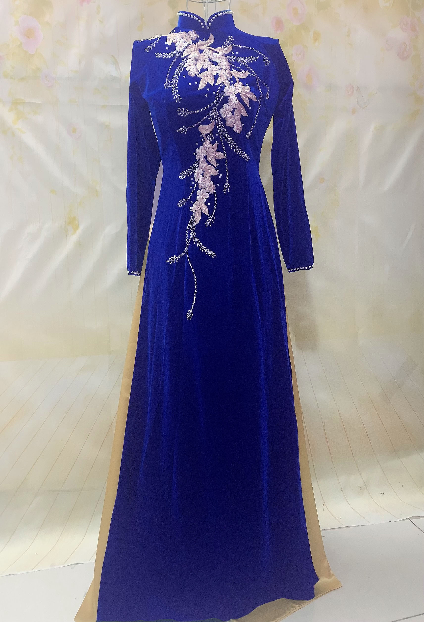 Áo dài NHUNG XANH BÍCH- ÁO DÀI bà sui - áo dài dự tiệc -ÁO DÀI CHO MẸ SANG TRỌNG CỔ CAO TRUYỀN THỐNG/CỔ THUYỀN- ẢNH THẬT