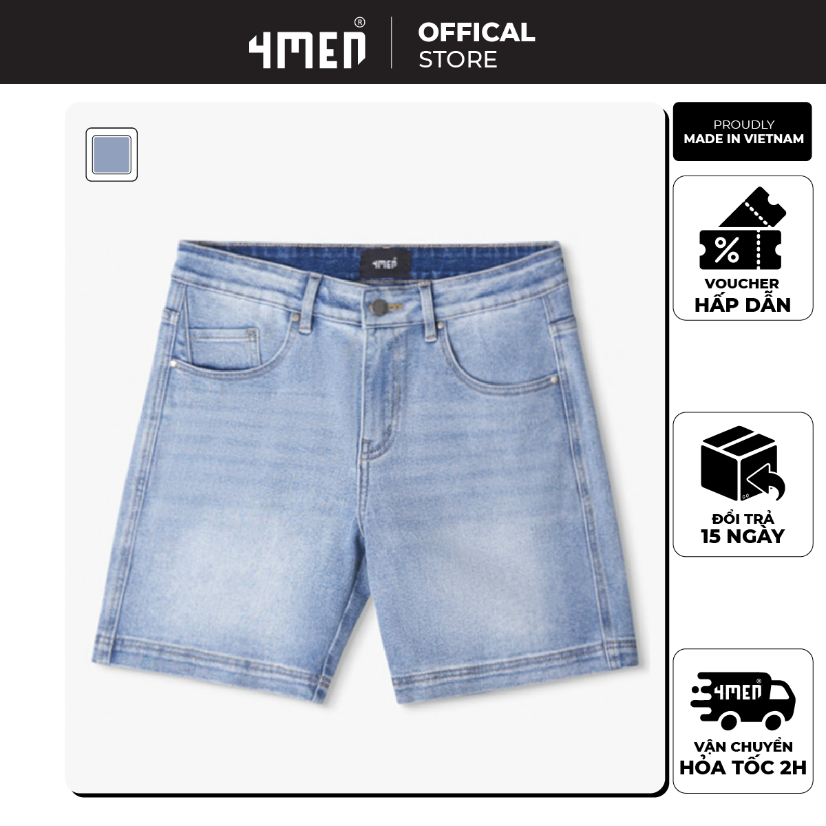 Quần short jeans nam xanh đáp túi kiểu form straight 4MEN QS051 phong cách, thoải mái