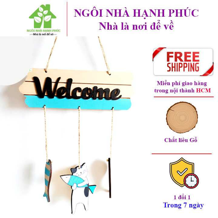 Bảng gỗ decor trang trí cửa hàng 🚀welcome mèo ôm cá🚀