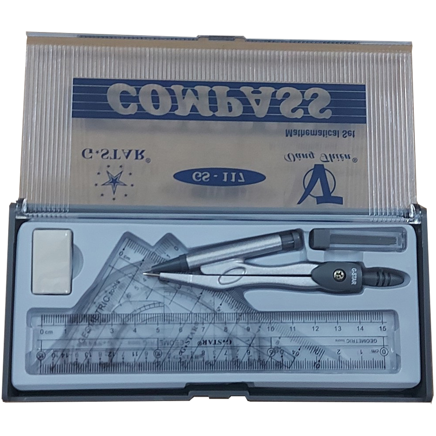 Bộ Compa G-STAR - 117 gồm 7 món bộ dụng cụ học sinh.