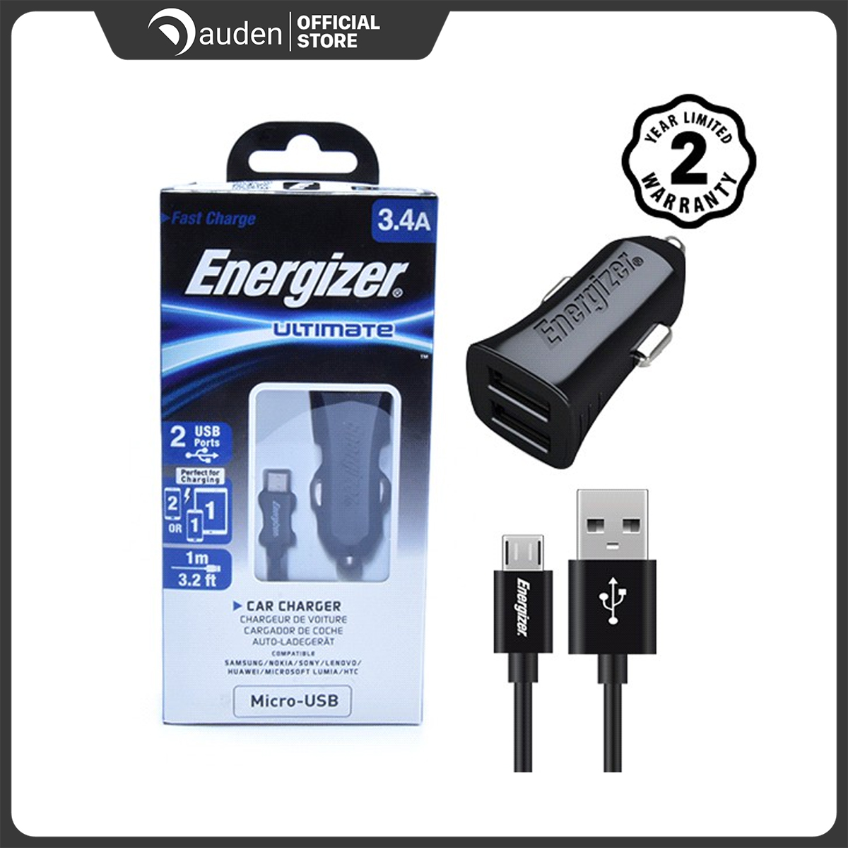 Bộ Sạc Ô Tô Energizer 3.4A 2 Cổng USB - Kèm 1 Cáp Micro USB (Black)
