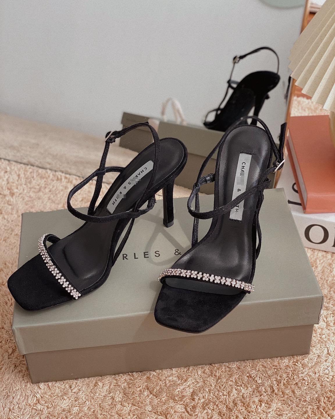 Giày cao gót 9cm HALEY STORE quai mảnh đính đá xoàn mũi vuông thanh lịch cá tính tiểu thư cô dâu tiệc cưới rẻ bền đẹp