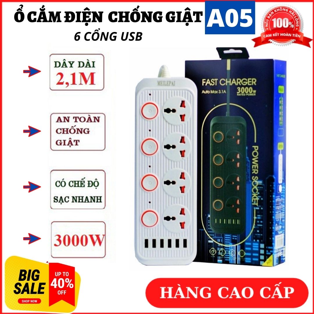 Ổ cắm điện đa năng thông minh a05, ổ cắm điện chịu tải, ổ cắm có 6 cổng usb, chịu tải 3000w bảo hành 12 tháng, 1 đổi 1