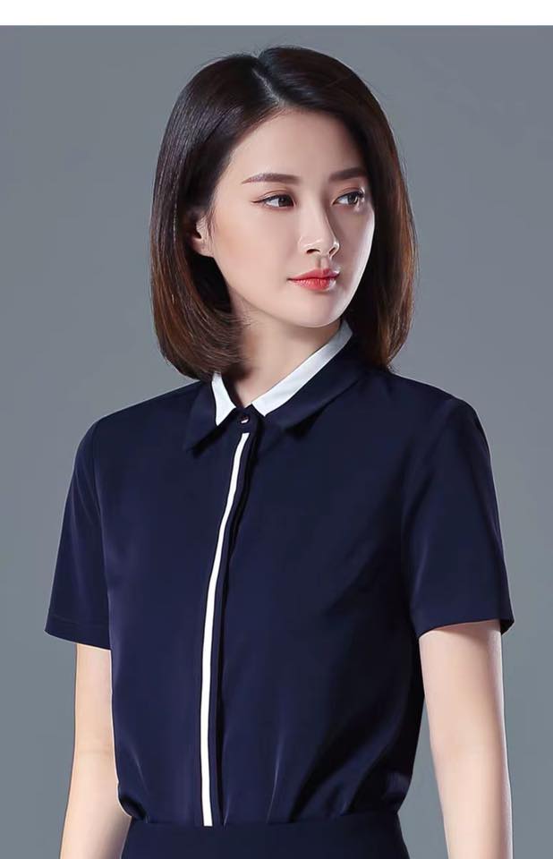 ÁO SƠ MI NỮ TRƠN CÔNG SỞ NGẮN TAY PHỐI VIỀN CỔ VIỀN NÚT THỜI TRANG CAO CẤP