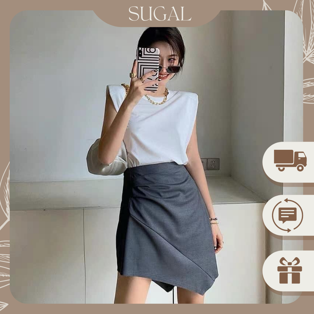 Set Áo Cotton Không Tay Độn Vai Chân Váy Vạt Chéo Nhún Cạp Thời Trang Sugal TOP NU 033 + CV NU 010