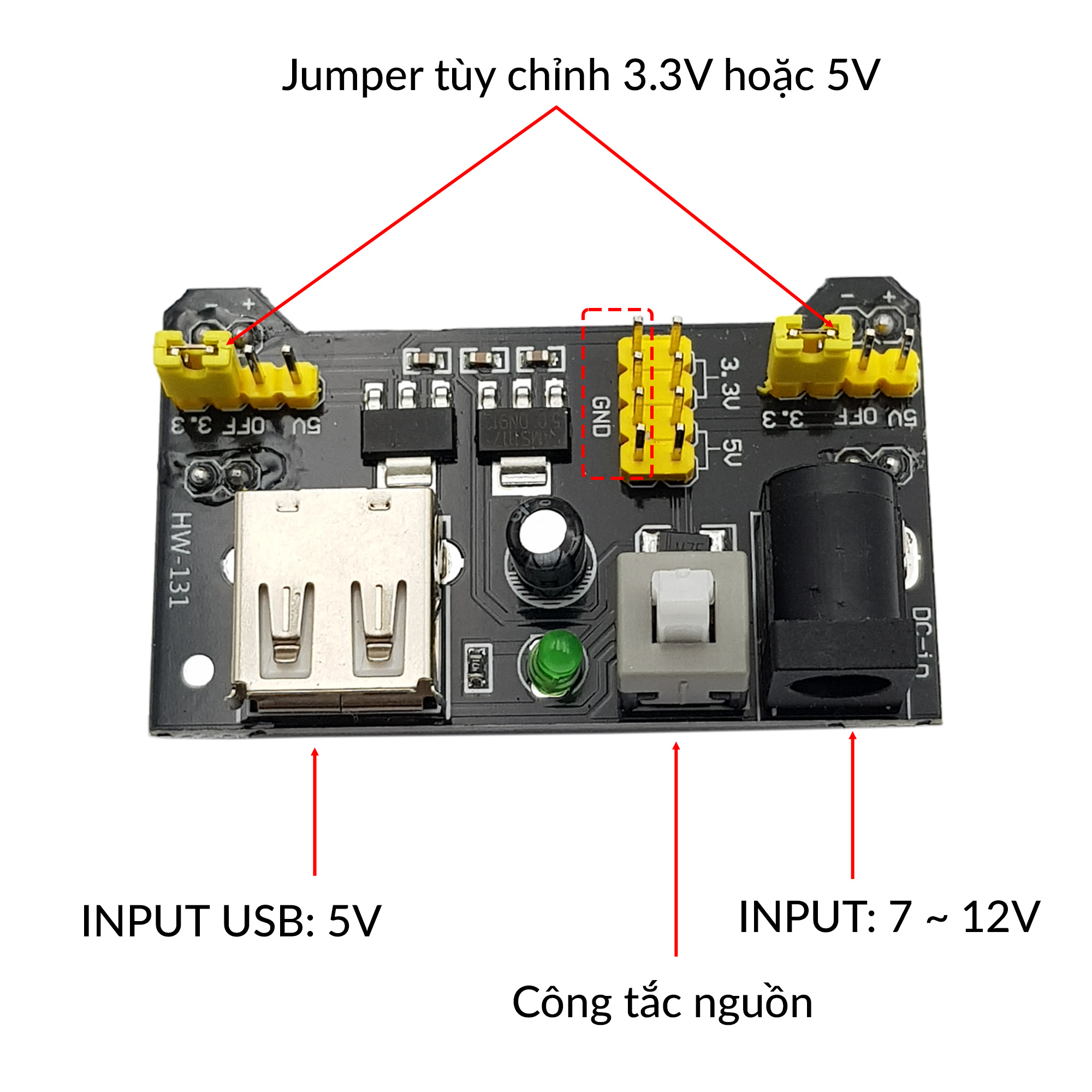 Mạch nguồn cho Testboard Breadboard MB-102 830 ngõ ra 3.3V / 5V
