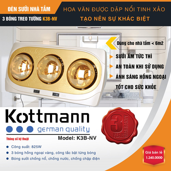 [hans | K3B NV] Đèn sưởi nhà tắm 3 bóng vàng KOTTMANN K3B-NV.