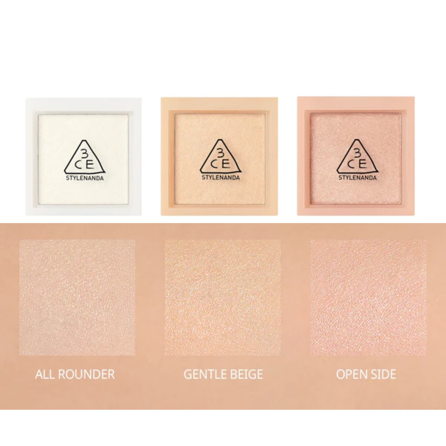 Phấn Bắt Sáng 3CE FACE HIGHLIGHTER Hộp Vuông 4,8g [All Rounder - Gentle Beige - Open Side]