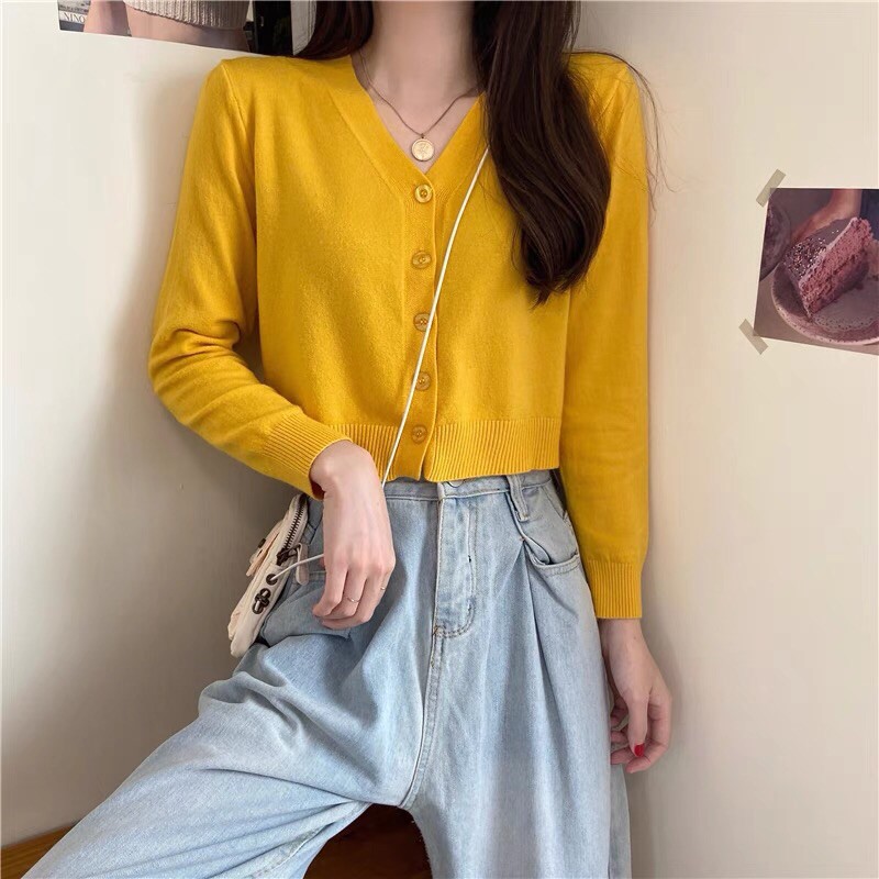 Áo cardigan croptop, áo cardigan len nữ hàn quốc cổ tim 5 khuy chất len mềm mịn
