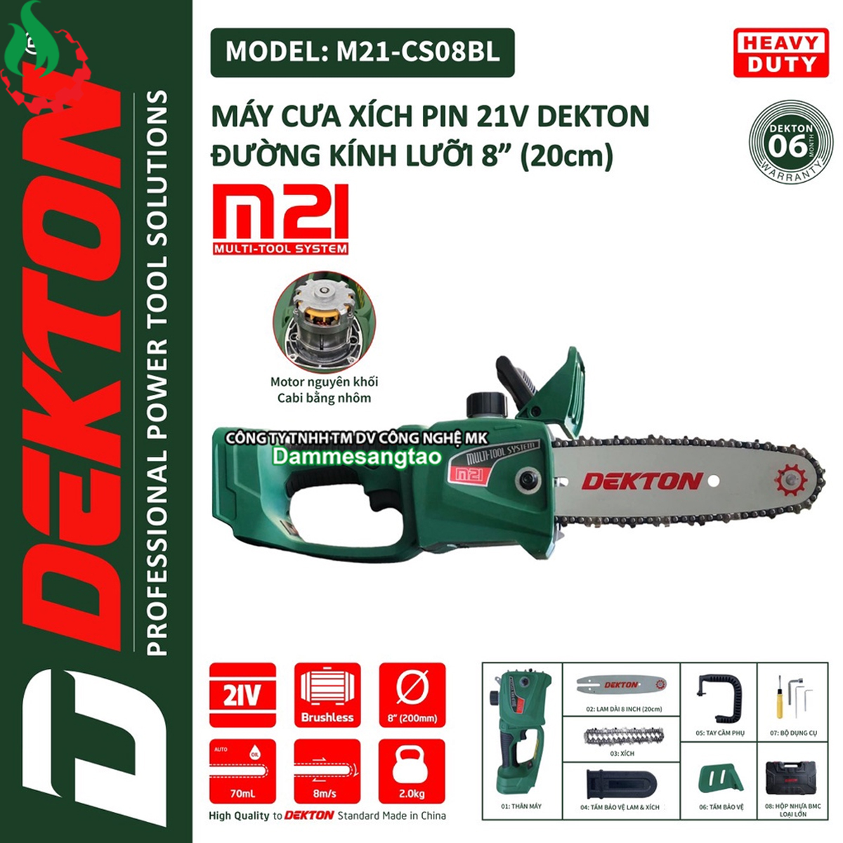 Máy cưa xích pin 21V Dekton M21-CS08BL