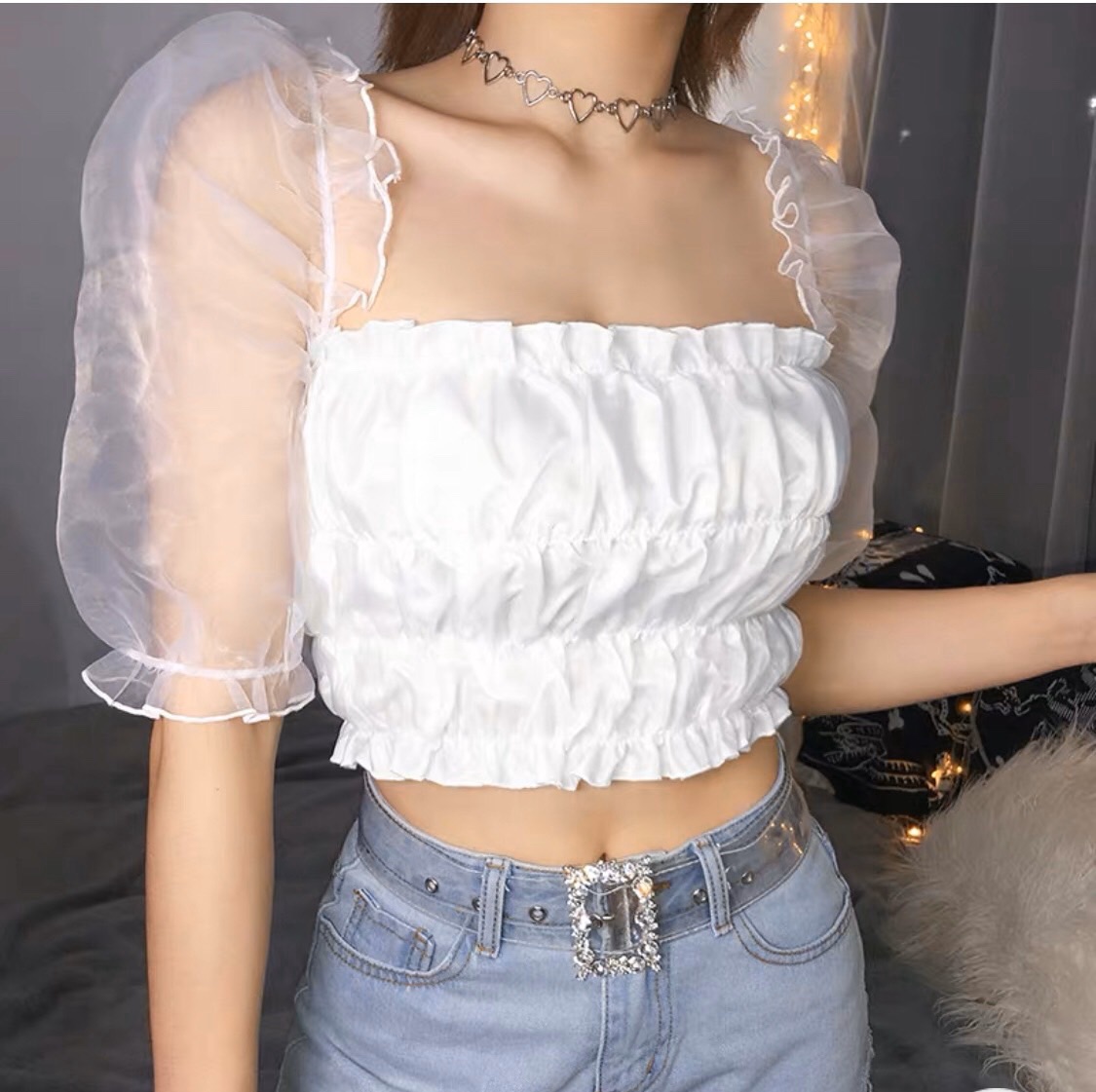 Áo croptop nhún voan kiếng