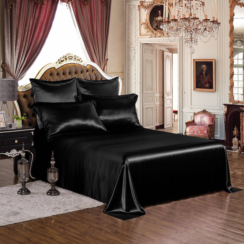 ( Lụa Loại 1) Bộ 4 Món Ga Gối Phi Lụa Màu Đen Cao Cấp Mềm Mại Lan Pham Bedding