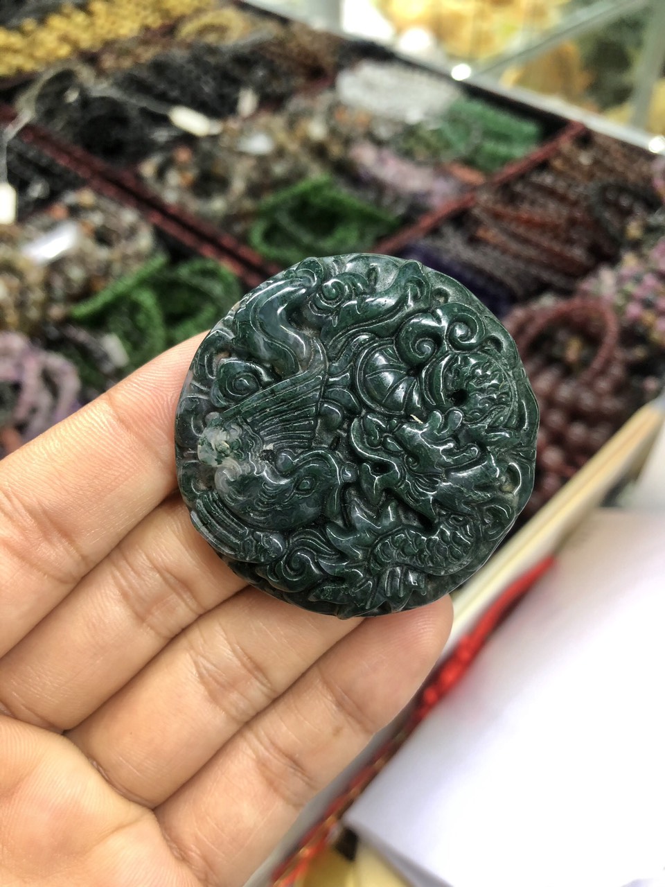 Mặt dây chuyền Rồng phượng Long Phụng sum vầy đá ngọc băng tảo - Đường kính 4,5cm