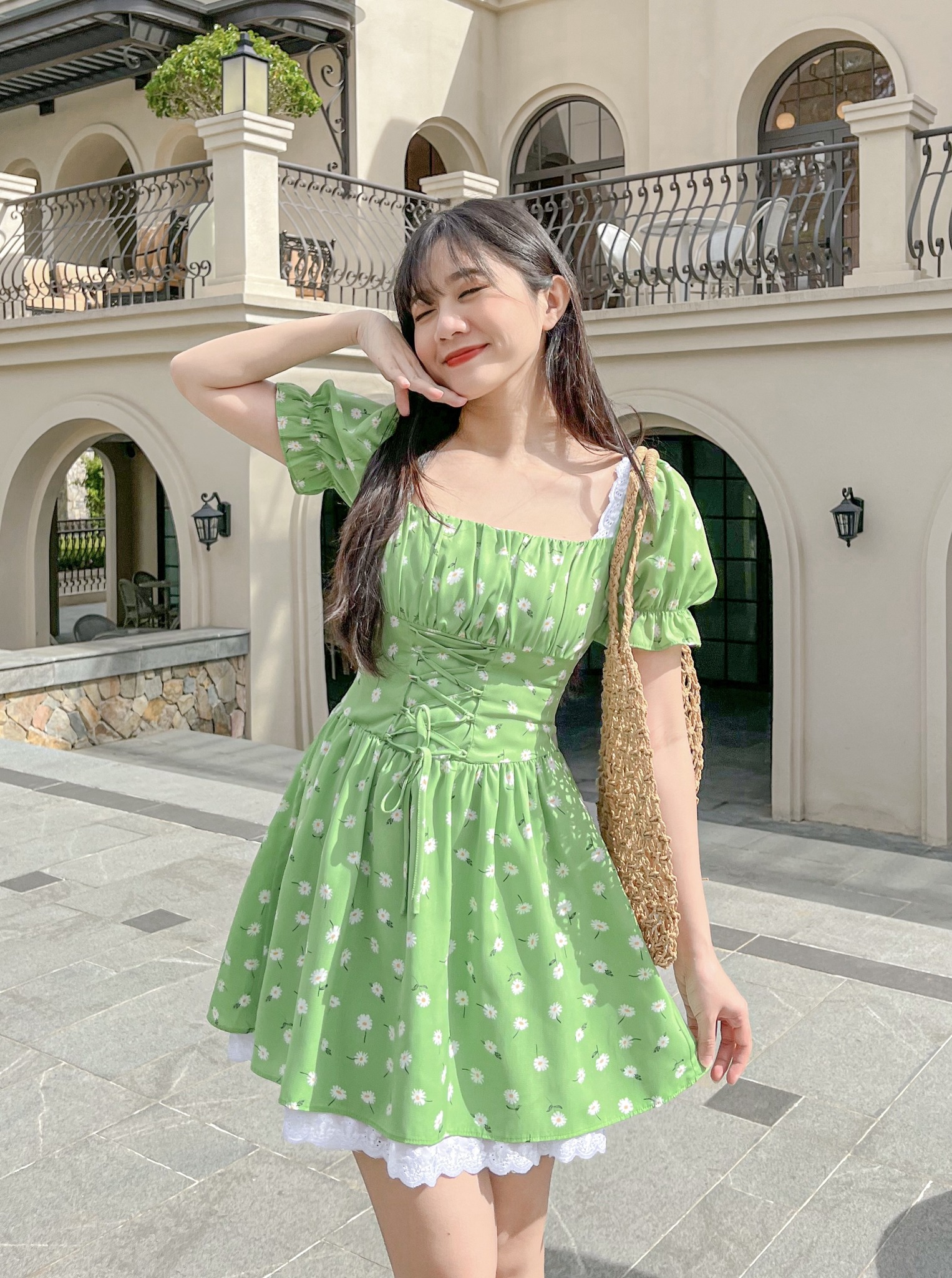 Đầm SWANY - Đầm cổ vuông đan eo tay bồng