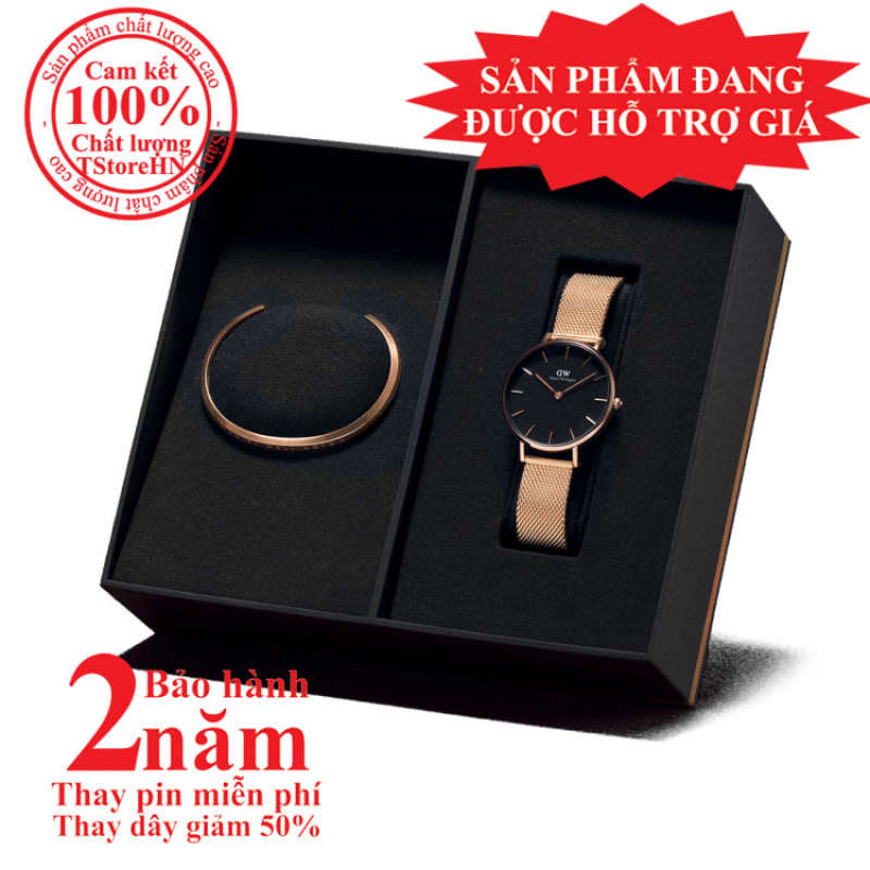 Hộp quà đồng hồ nữ Daniel Wellington Petite Melrose 28mm + Vòng tay DW Cuff - màu vàng hồng (Rose Gold) - DW005000028