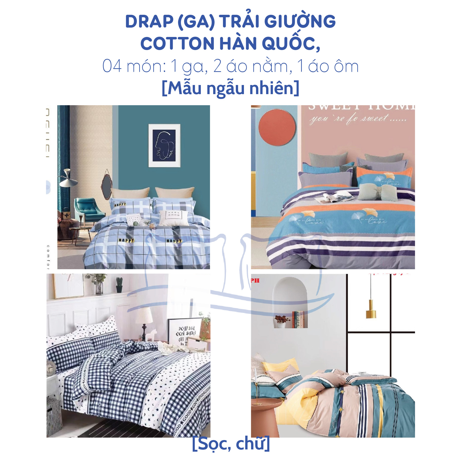 Drap cotton Hàn [Mẫu ngẫu nhiên] combo 4 món. (1 ga, 1 áo ôm, 2 áo nằm) không pha polly.