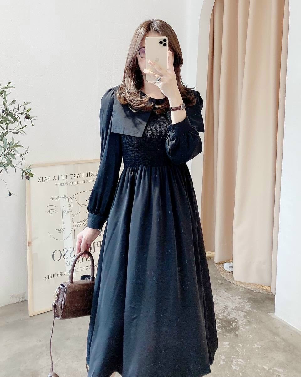 Đầm midi cổ sen vuông tay bồng