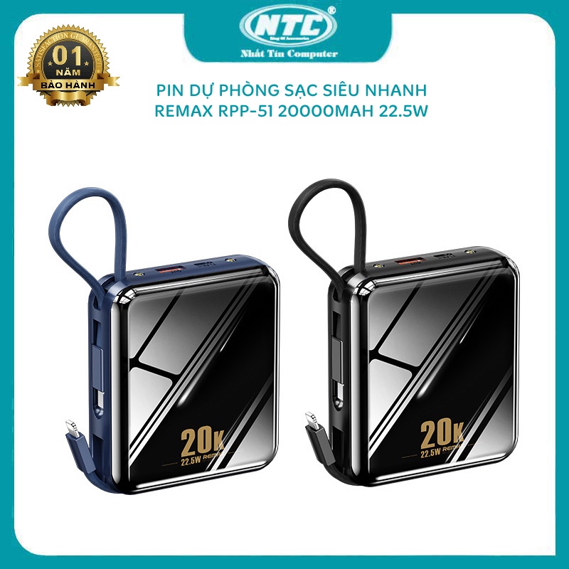 Sạc dự phòng chính hãng - Pin sạc dự phòng 20000mAh 22.5W Remax RPP-51-Mua Sạc dự phòng chính hãng giá rẻ-Củ sạc kiêm sạc dự phòng đa năng 20000mah kèm cáp sạc sạc siêu nhanh tích hợp type C và lightning