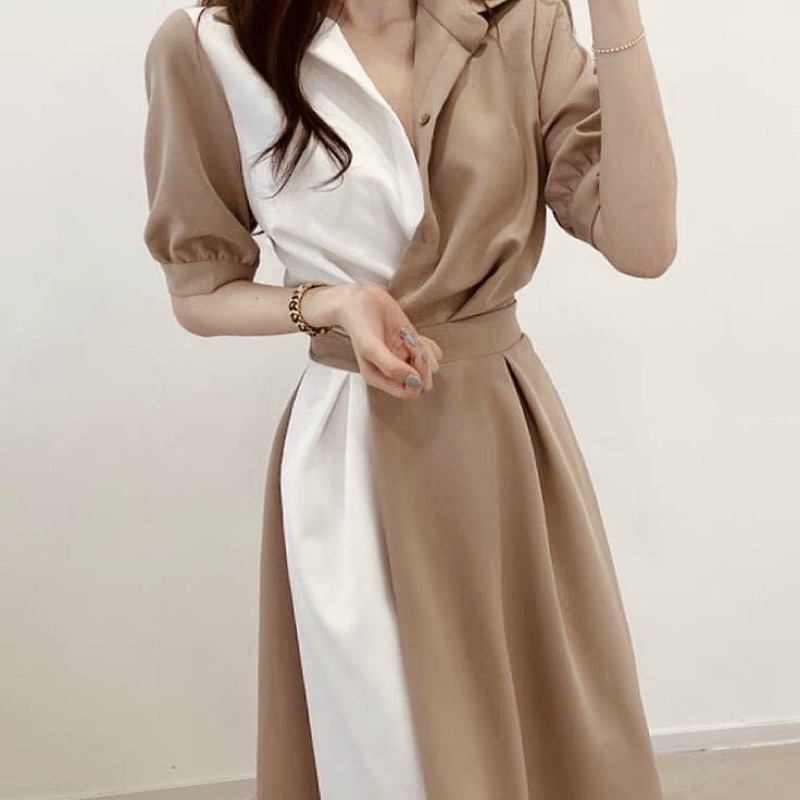 Đầm sm phối trắng form dài 2 màu