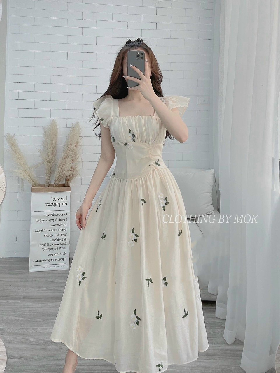 Đầm váy nữ cổ vuông in hoa nổi chất voan cao cấp form lên dáng thướt tha cực chuẩn qcs