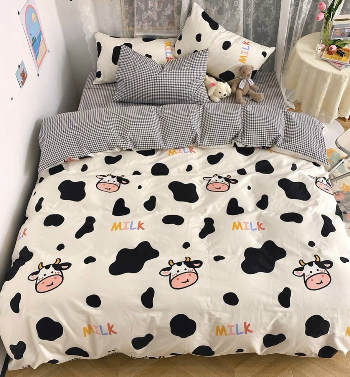 Bộ Chăn Ga Gối Cotton Poly - Bò Sữa Milk ( 1 Drap + 2 Vỏ Gối Nằm + 1 Vỏ Chăn ) Tiệm Nhà Cá