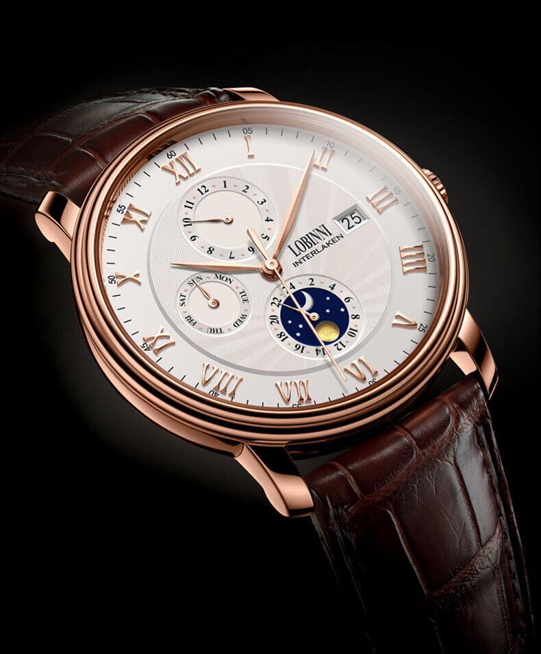 Đồng hồ nam chính hãng LOBINNI L1023-1 fullbox,Kính sapphire,chống xước,Chống nước,mặt trắng vỏ vàng hồng dây da xịn,Đồng hồ cơ (Automatic),Bảo Hành 24 tháng,hàng mới 100%,thiết kế đơn giản và sang trọng