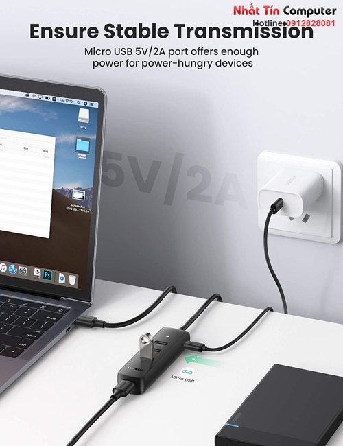 Hub chia USB 3.0 ra 4 cổng dài 0,5M  Ugreen 80656 cao cấp (Micro USB cấp nguồn)