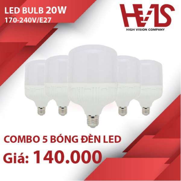 Combo 5 Bóng đèn Led Bulb thân trụ 20W E27 siêu sáng tiết kiệm điện