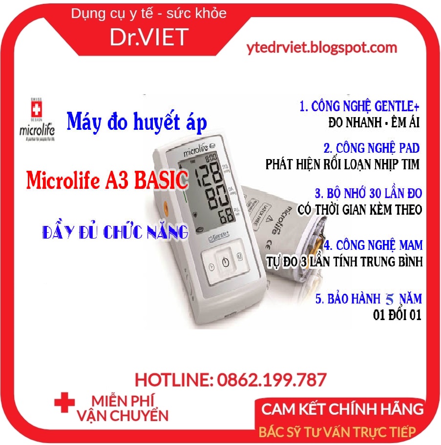 [HCM]MÁY ĐO HUYẾT ÁP MICROLIFE A3 BASIC- Cảnh báo rối loạn nhịp tim với công nghệ PAD Đo êm thoải mái với Công nghệ Gentle+  Đo 3 lần lấy trung bình cho kết quả đo chính xác vượt trội với công nghệ MAM Cột phân loại huyết áp chuẩn