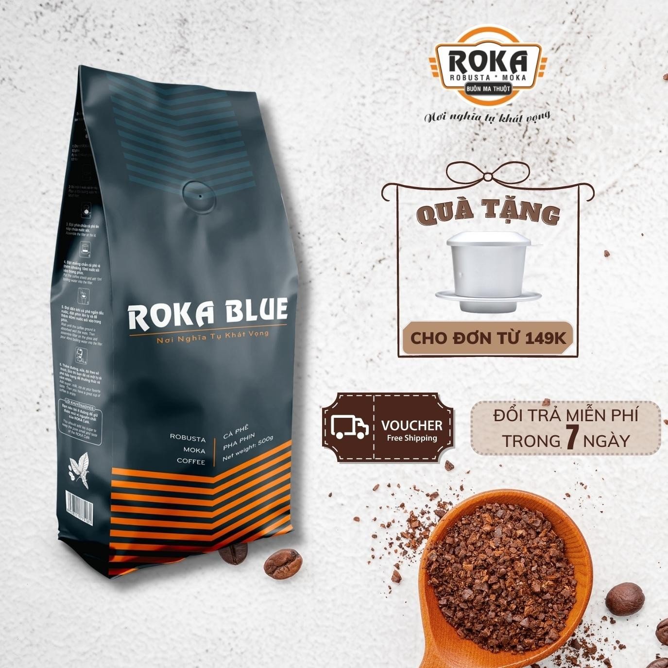 Cà phê rang xay nguyên chất, vị đậm đà thơm tự nhiên dòng mộc 100% robusta - roka blue