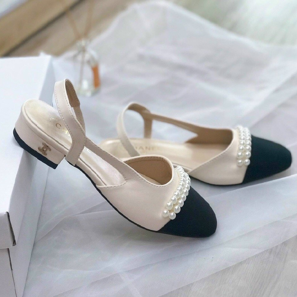 Giày búp bê hở gót 2p đính ngọc phong cách tiểu thư