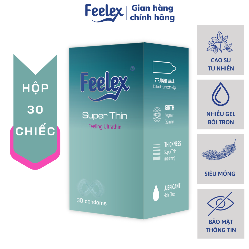 Bao cao su nam siêu mỏng Feelex Super Thin, hương dâu - Hộp lớn 30 bcs