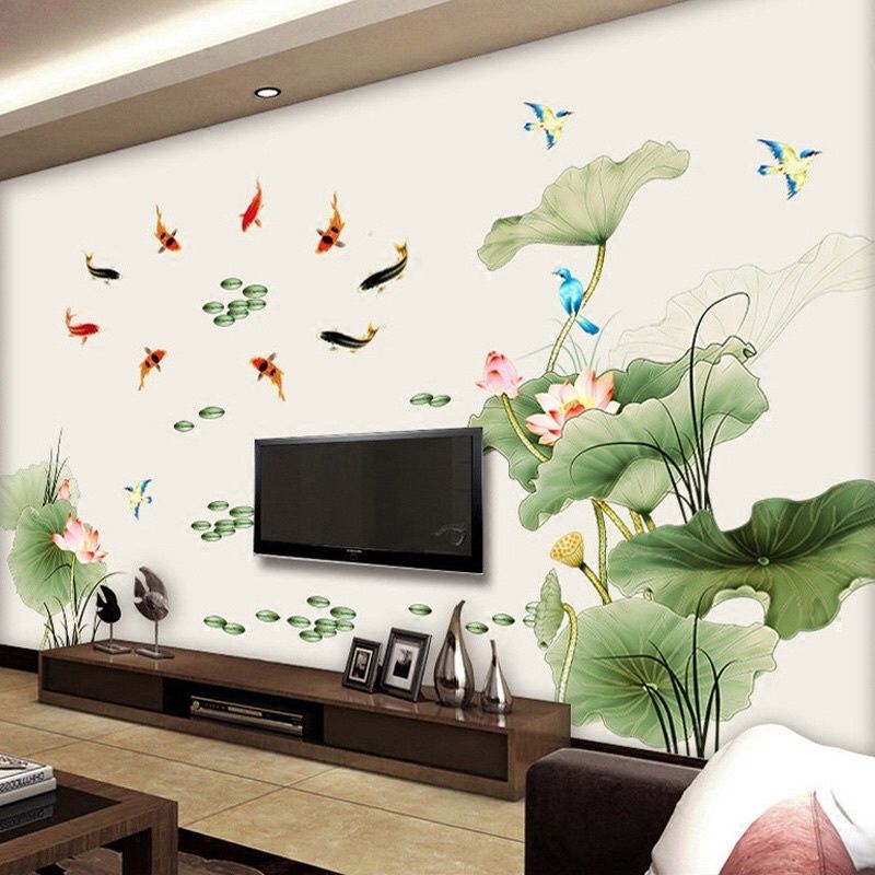 Decal dán tường chất liệu cao cấp đầm sen to và cá