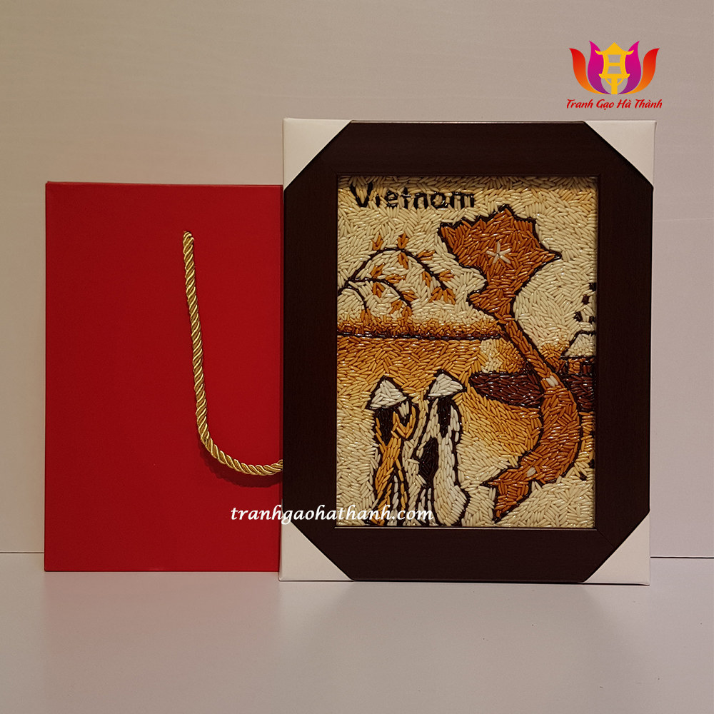 Tranh gạo rang thiếu nữ Áo dài Việt Nam, Tranh gạo Hà Thành VN02 size để bàn, quà tặng, quà lưu niệm tặng bạn bè quốc tế, quà tặng doanh nghiệp , tặng kèm 1 túi( hộp) đựng quà