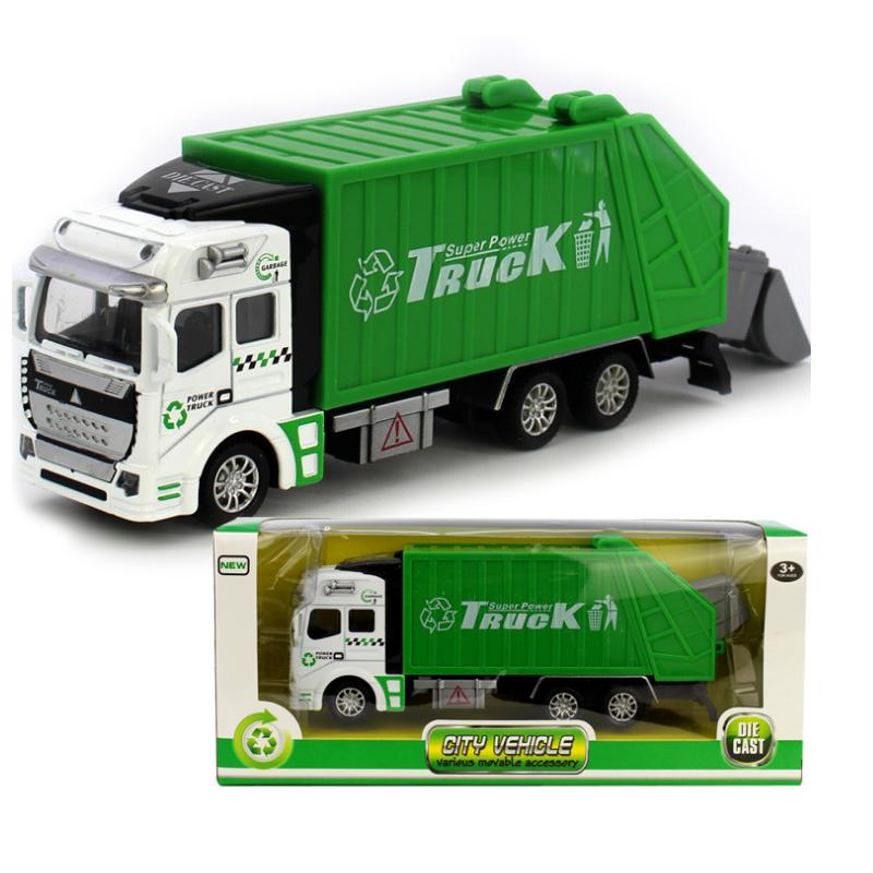 Mô hình xe ô tô chở rác đồ chơi trẻ em đầu xe bằng hợp kim kèm thùng rác nhỏ tỉ lệ 1:48 chạy cót