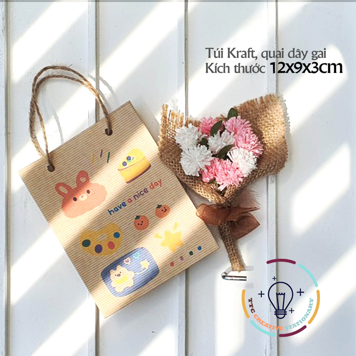 Túi giấy thiết kế mini vintage kraft họa tiết có quai xinh xắn kích thước 93cm