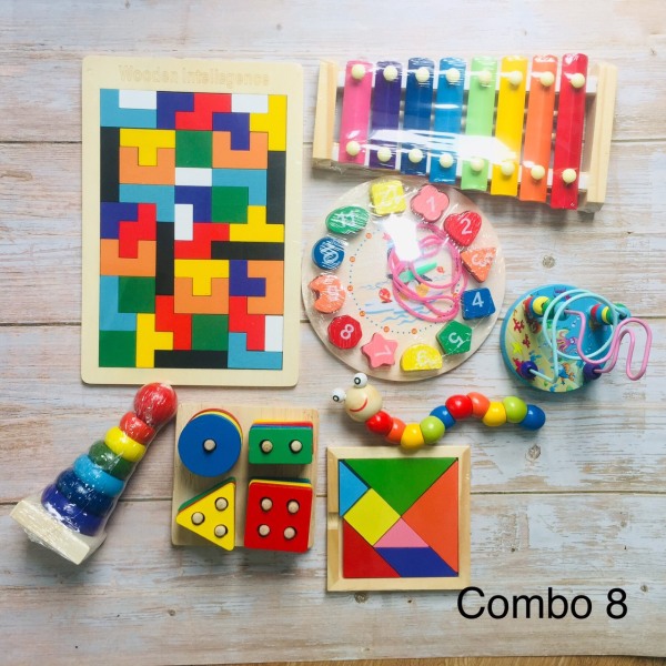 Combo 8 món đồ chơi gỗ phát triển trí tuệ cho bé cho bé rèn luyện kỹ năng cơ bản