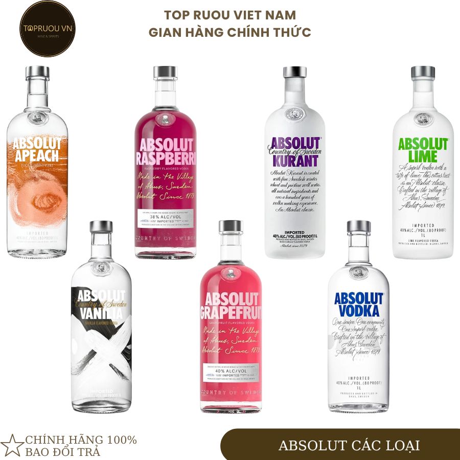 [Top Rượu VN] Rượu Vodka Absolut Grapefruit - Apeach - Citron - Elyx - Kurant - Mandrin - 1000ml [Chính Hãng]