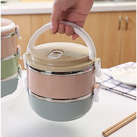 Hộp cơm giữ nhiệt 2 ngăn Việt Nhật – cà mèn giữ nhiệt inox - hộp ăn trưa - cặp lồng giữ nhiệt - camen giữ nhiệt 2 ngăn ruột inox - hộp đựng cơm 2 tầng dung có quai xách nhựa tiện dụng