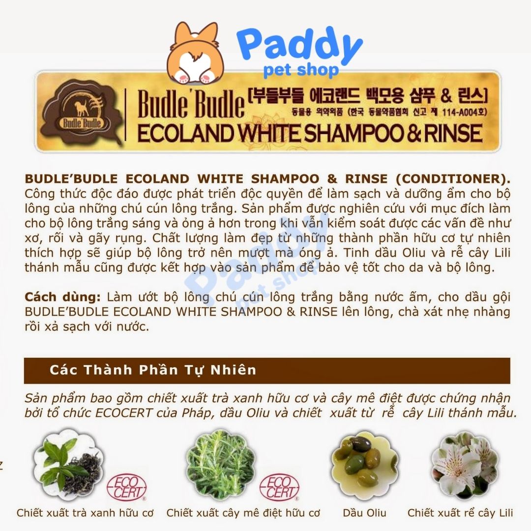 Sữa Tắm Chó Lông Trắng Budle Ecoland White 500g