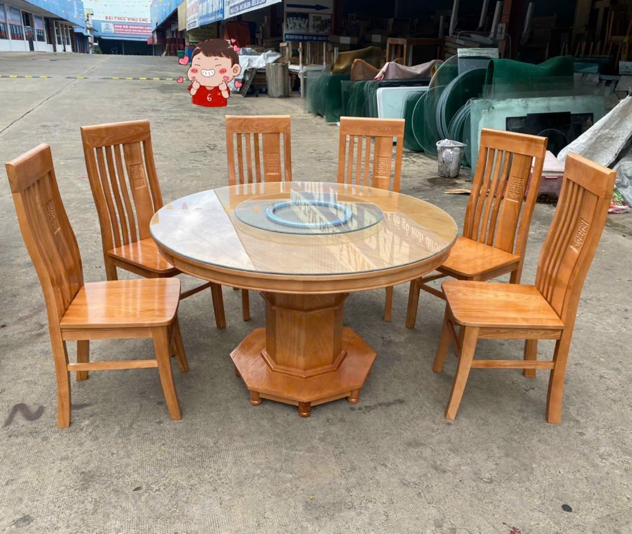 Bàn ăn tròn 6 ghế gỗ sồi màu nâu đỏ