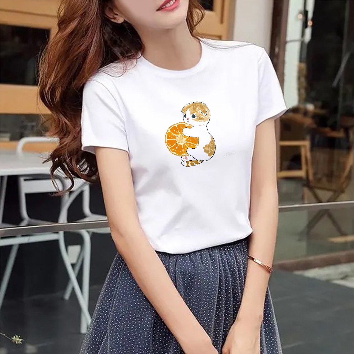 Áo thun nữ in hình mèo quả cam dẽ thương